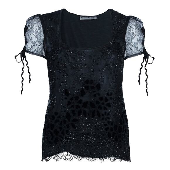 Valentino Black Beaded Square Neck Sheer Short Sleeve Top Size 6 - Picture 3 of 13
